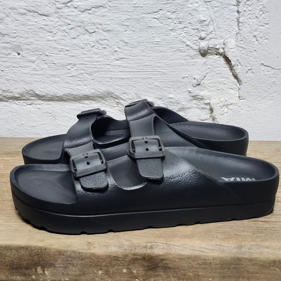 MIA Black Buckle Adjustable Strap Platform Slide Sandal Women Size 9 Waterproof - Picture 1 of 10